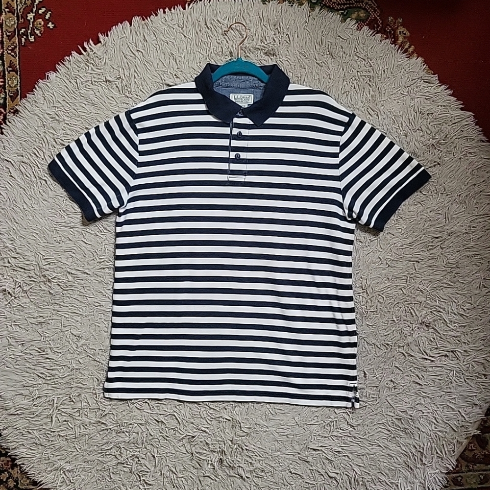 Mens L.L. Bean Polo Shirt Size M Medium Casco Bay Polo Navy Blue White Stripes